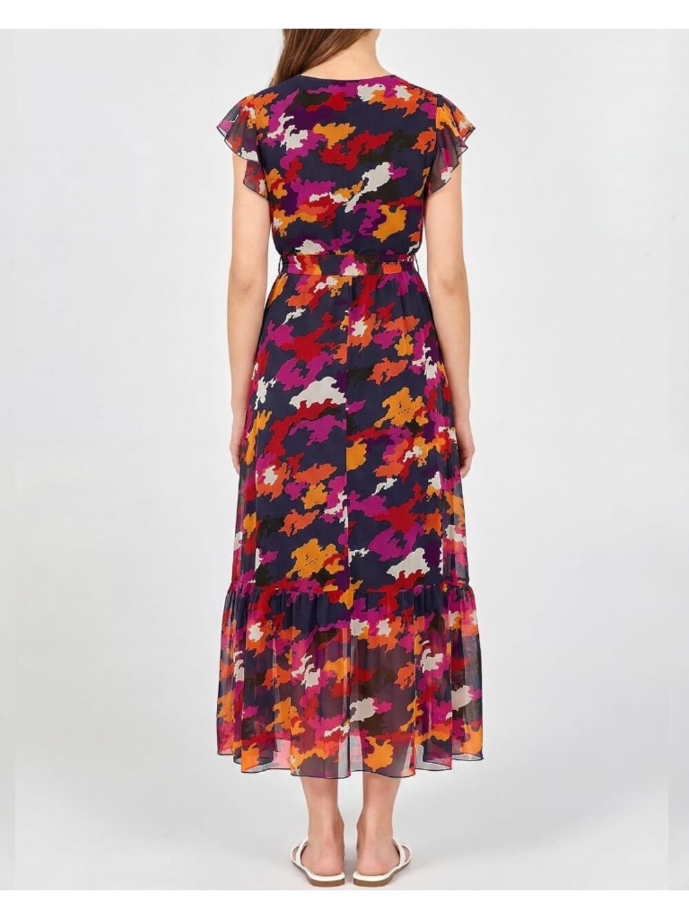 Women's Blue Orange Flower Classic V Neck Casual Sleeveless Pull On Midi Dress - Picture 5 of 5